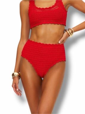 Beach Riot Wyatt Crochet High-Waisted Bikini Bottoms in Ruby Red